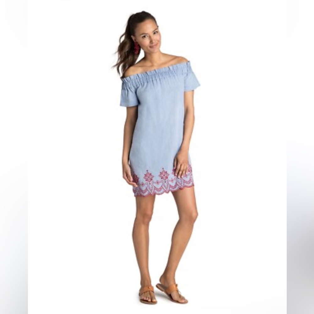 Vineyard Vines Chambray off shoulder scalloped trim embroidered dress size S